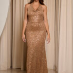 Φόρεμα maxi με παγιέτες και cowl neck bronze