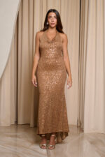Φόρεμα maxi με παγιέτες και cowl neck bronze