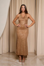 Φόρεμα maxi με παγιέτες και cowl neck bronze