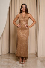Φόρεμα maxi με παγιέτες και cowl neck bronze