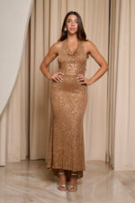 Φόρεμα maxi με παγιέτες και cowl neck bronze