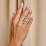 Δαχτυλίδι με διπλή βεντάλια από στρας σε σχήμα φύλλου ασημί