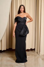 Φόρεμα maxi one shoulder με σατέν πιέτες και φιόγκο μαύρο