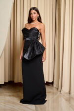 Φόρεμα maxi one shoulder με σατέν πιέτες και φιόγκο μαύρο
