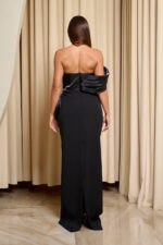 Φόρεμα maxi one shoulder με σατέν πιέτες και φιόγκο μαύρο
