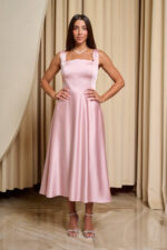 Φόρεμα midi σατέν με τιράντες baby pink