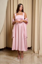 Φόρεμα midi σατέν με τιράντες baby pink
