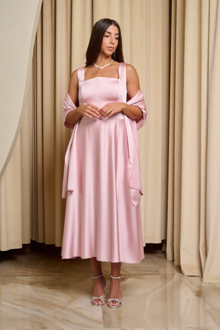 Φόρεμα midi σατέν με τιράντες baby pink