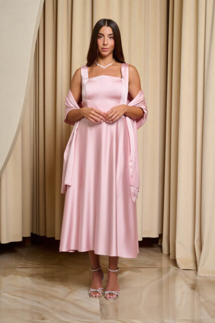 Φόρεμα midi σατέν με τιράντες baby pink