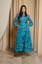 Φόρεμα maxi floral print με μπλέ στρας πετρόλ