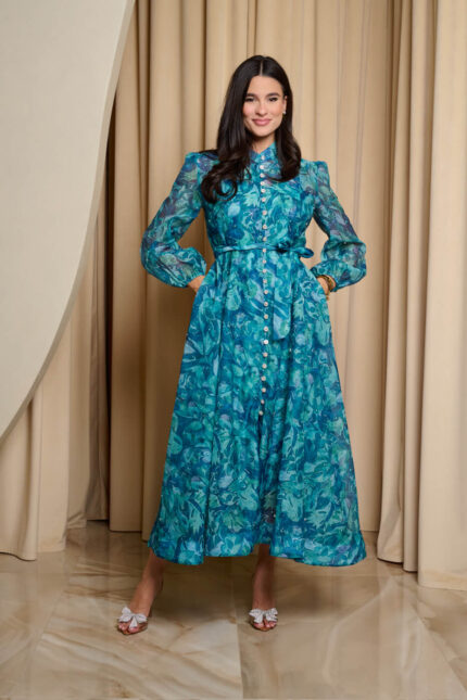 Φόρεμα maxi floral print με μπλέ στρας πετρόλ