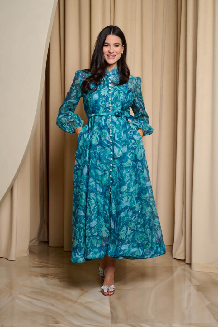 Φόρεμα maxi floral print με μπλέ στρας πετρόλ