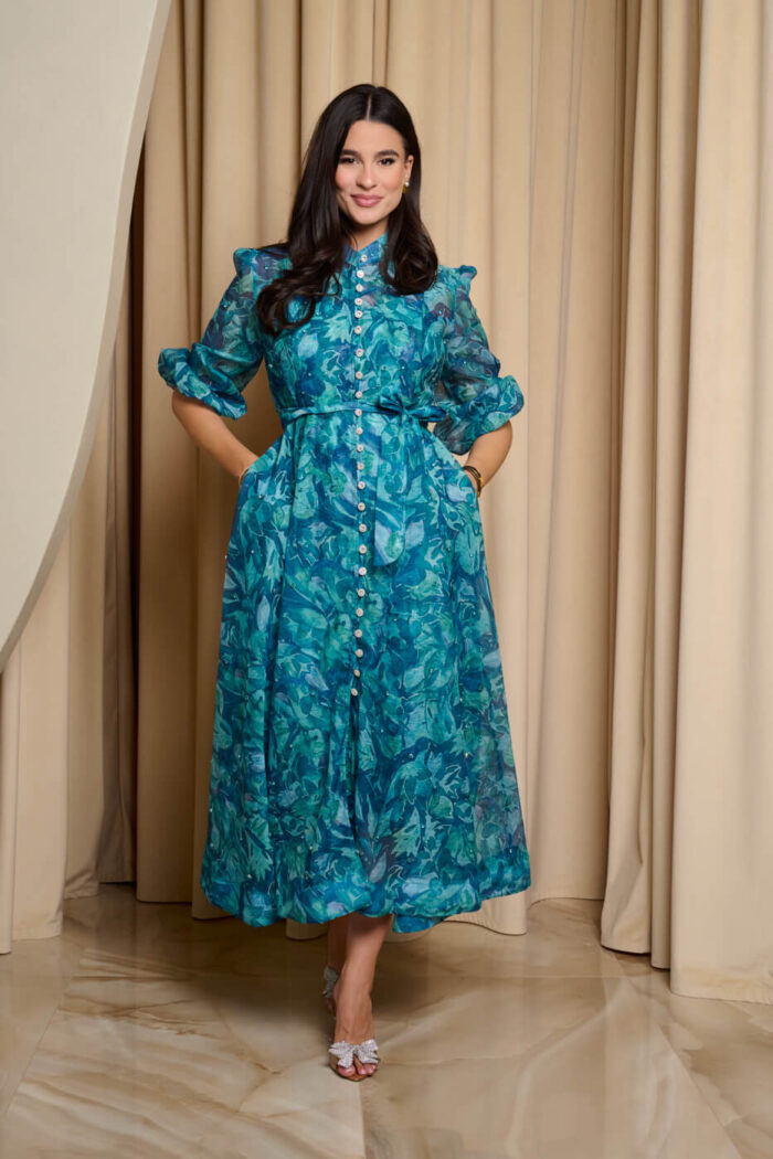 Φόρεμα maxi floral print με μπλέ στρας πετρόλ
