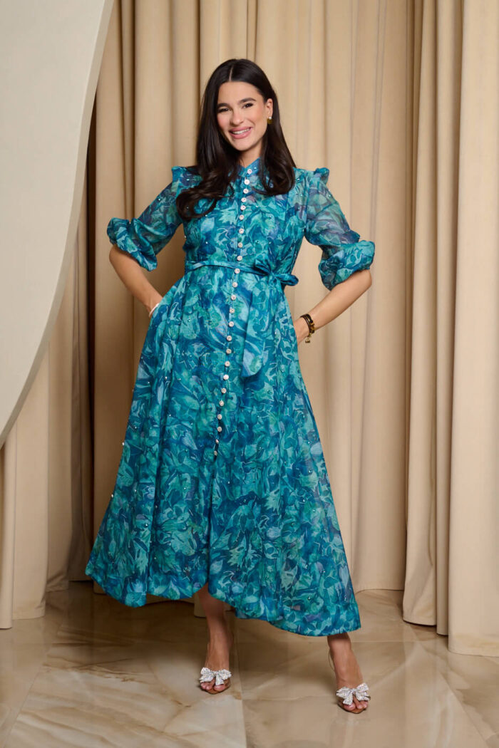 Φόρεμα maxi floral print με μπλέ στρας πετρόλ