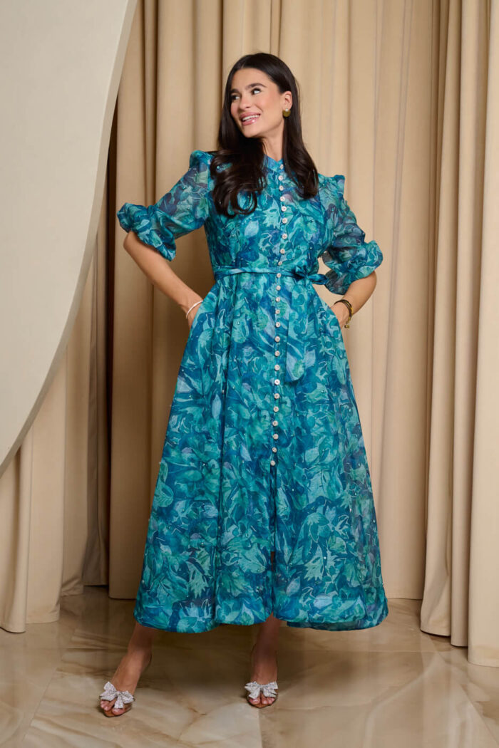 Φόρεμα maxi floral print με μπλέ στρας πετρόλ