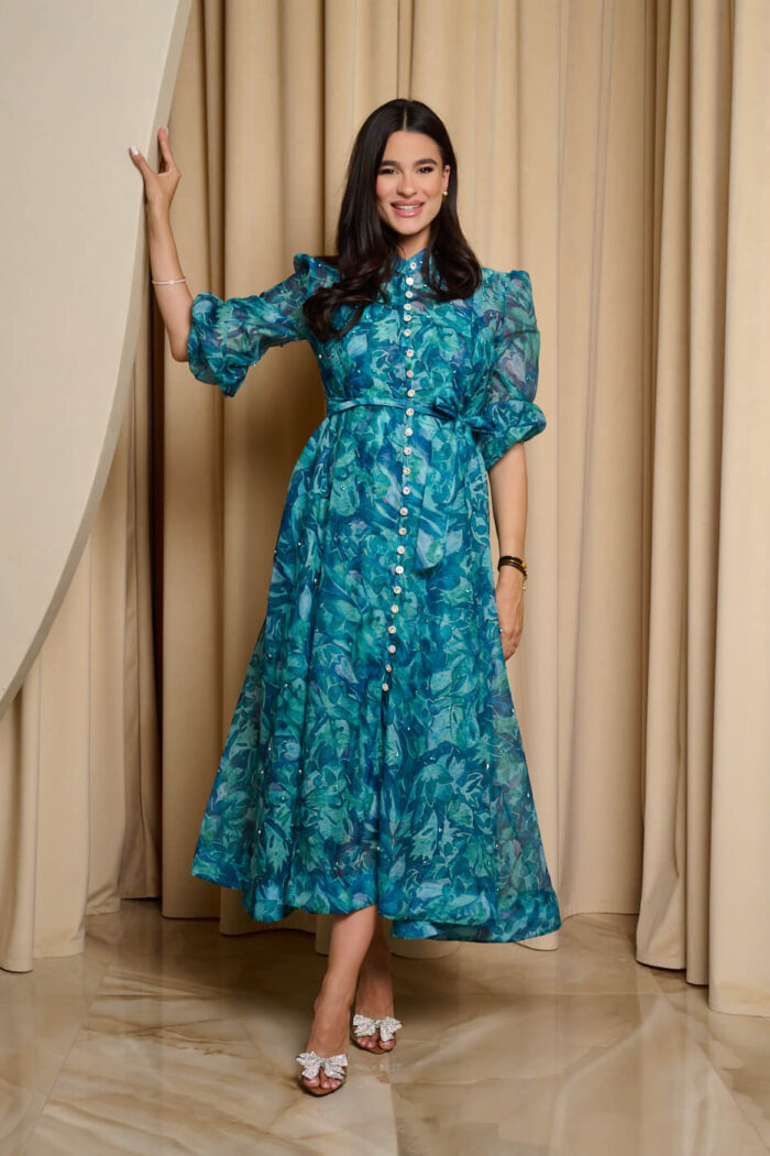 Φόρεμα maxi floral print με μπλέ στρας πετρόλ