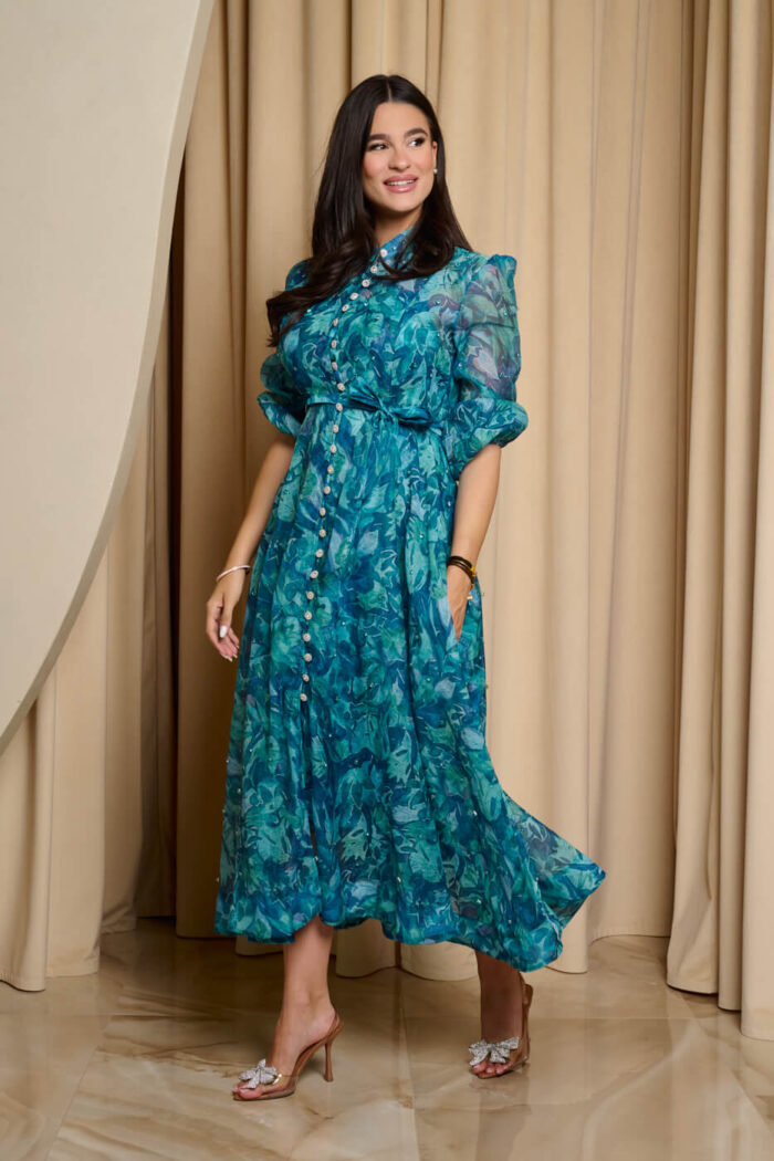 Φόρεμα maxi floral print με μπλέ στρας πετρόλ