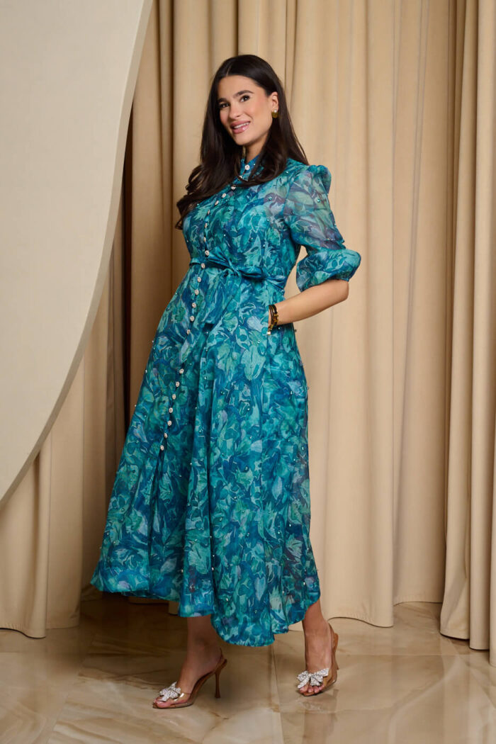 Φόρεμα maxi floral print με μπλέ στρας πετρόλ