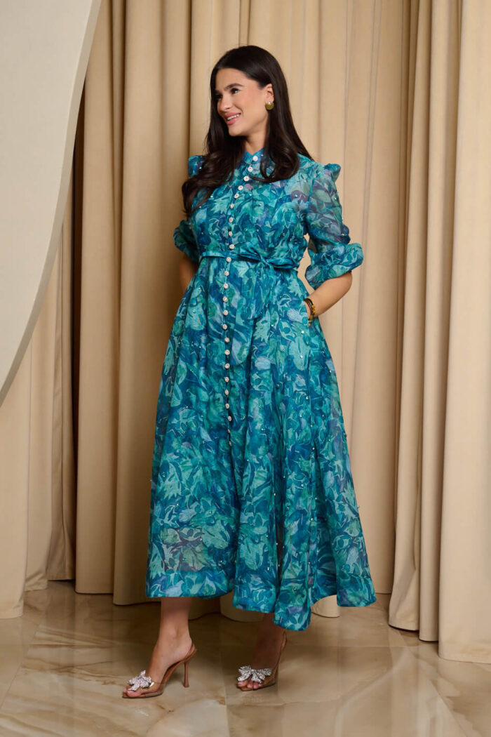 Φόρεμα maxi floral print με μπλέ στρας πετρόλ