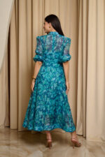 Φόρεμα maxi floral print με μπλέ στρας πετρόλ