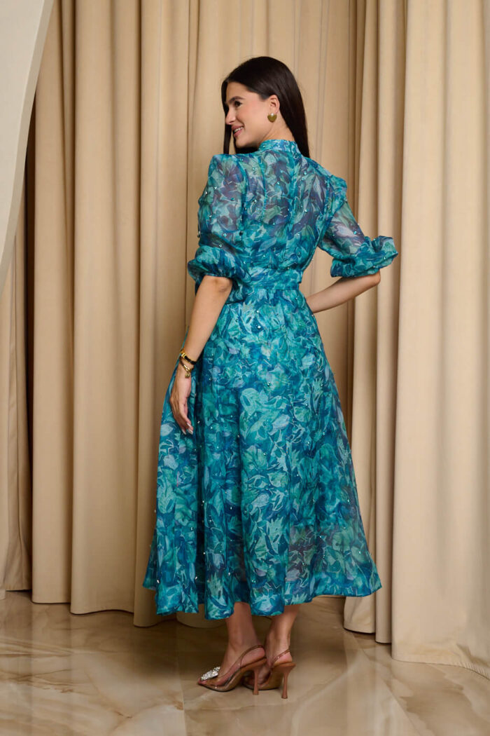 Φόρεμα maxi floral print με μπλέ στρας πετρόλ