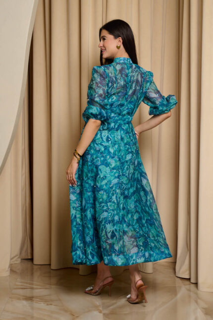 Φόρεμα maxi floral print με μπλέ στρας πετρόλ