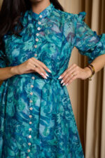 Φόρεμα maxi floral print με μπλέ στρας πετρόλ