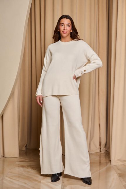 Σετ πλεκτό μπλούζα - παντελόνι με διακοσμητικά χρυσά κουμπιά μπεζ
