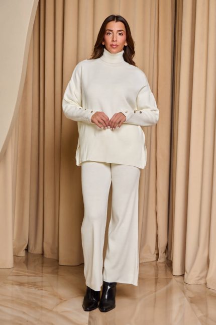 Σετ πλεκτό μπλούζα - παντελόνι με ζιβάγκο και διακοσμητικά κουμπιά μπεζ