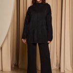 Σετ πλεκτό μπλούζα mock neck - παντελόνι μαύρο