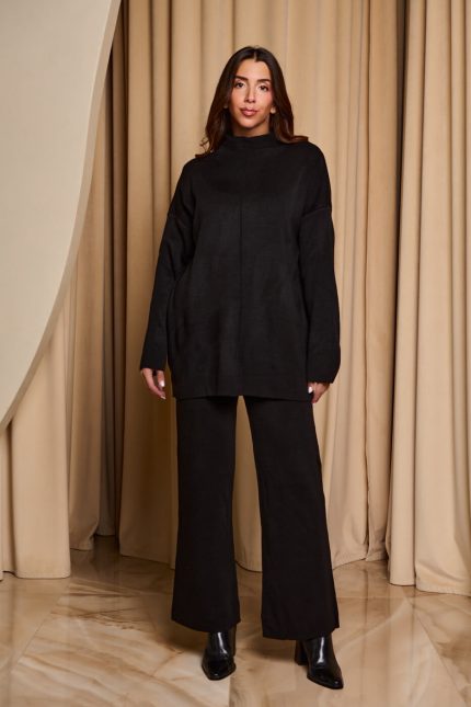 Σετ πλεκτό μπλούζα mock neck - παντελόνι μαύρο