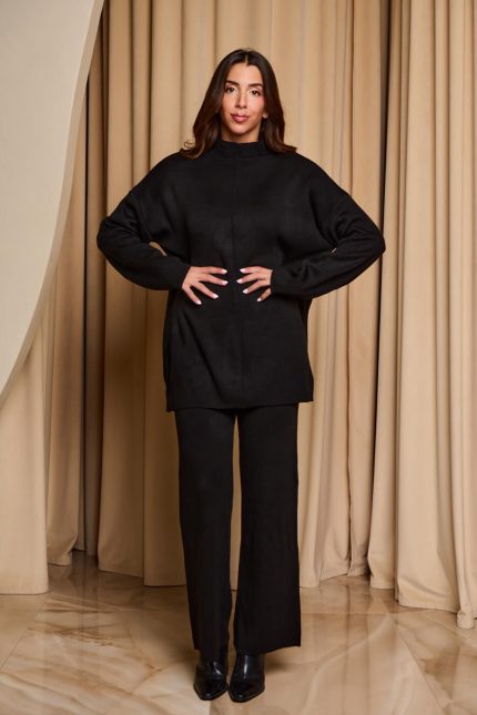 Σετ πλεκτό μπλούζα mock neck - παντελόνι μαύρο