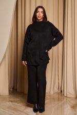 Σετ πλεκτό μπλούζα mock neck - παντελόνι μαύρο