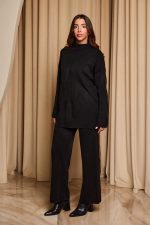 Σετ πλεκτό μπλούζα mock neck - παντελόνι μαύρο