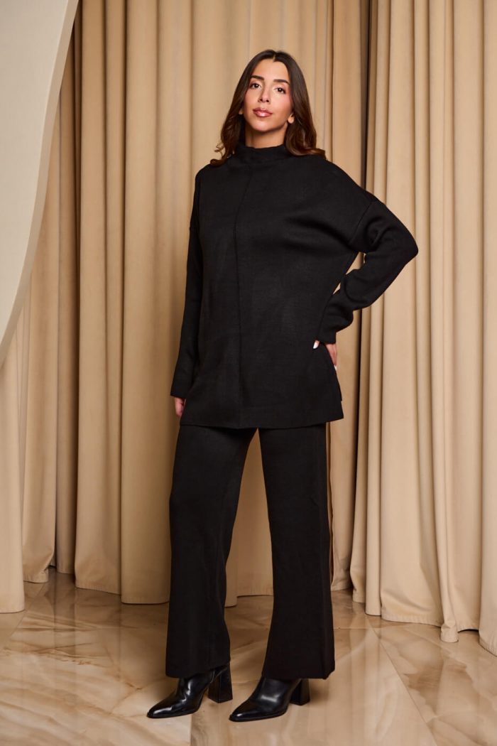 Σετ πλεκτό μπλούζα mock neck - παντελόνι μαύρο