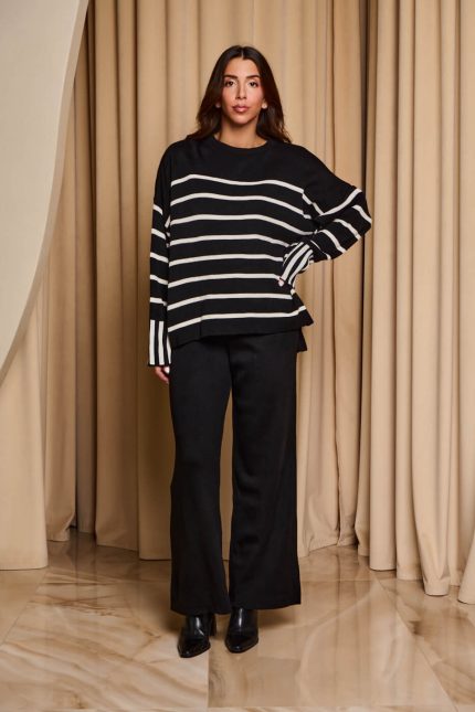 Σετ πλεκτό μπλούζα - παντελόνι ριγέ ασπρόμαυρο