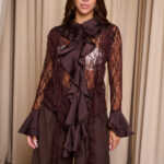 Πουκάμισο δαντελένιο με φραμπαλά γιακά καφέ