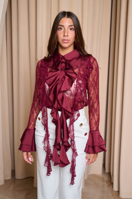 Πουκάμισο δαντελένιο με φραμπαλά γιακά μπορντό