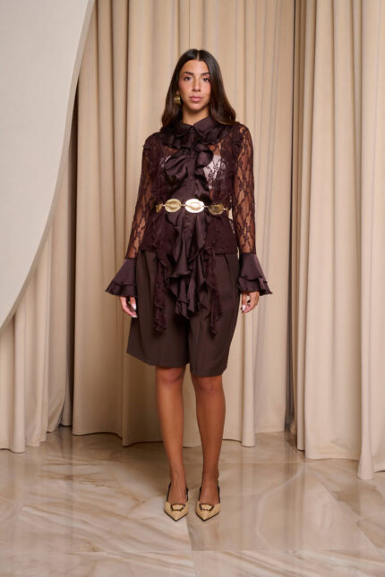 Πουκάμισο δαντελένιο με φραμπαλά γιακά καφέ