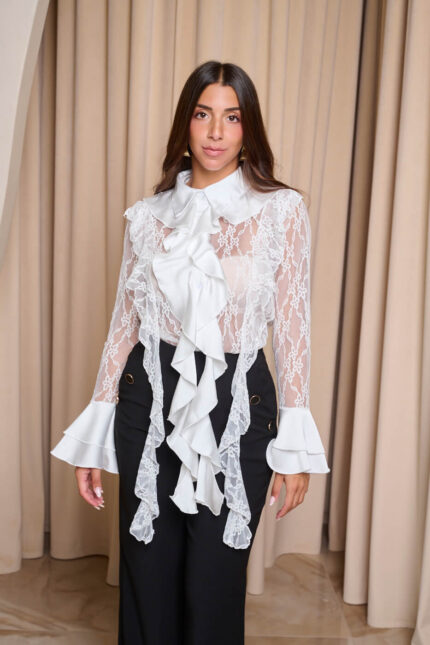 Πουκάμισο δαντελένιο με φραμπαλά γιακά λευκό