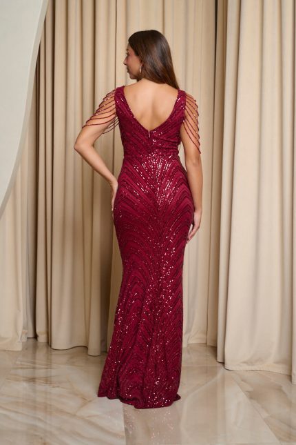 Φόρεμα maxi με παγιέτες και χάντρες βουργουνδί