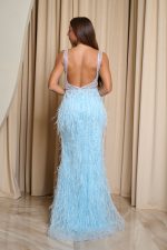 Φόρεμα maxi με κεντημένα στο χέρι στρας και feathers baby blue
