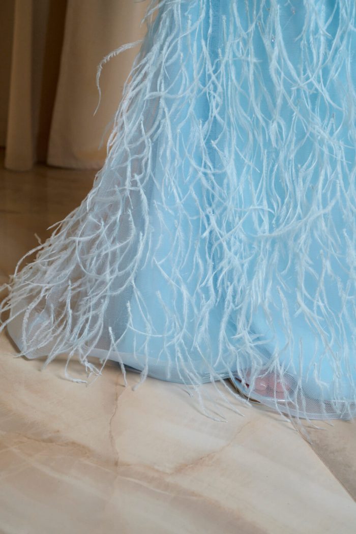 Φόρεμα maxi με κεντημένα στο χέρι στρας και feathers baby blue