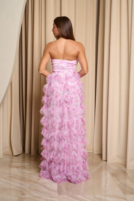 Φόρεμα maxi στράπλες με τούλι και διαδοχικά βολάν ροζ
