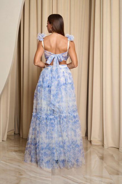 Φόρεμα maxi με τούλι και κρουαζέ ντεκολτέ με ανοιχτή πλάτη μπλέ