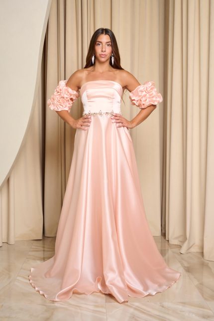 Φόρεμα Maxi Ταφτάς Γυαλιστερός με balloon μανίκια σομόν