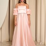 Φόρεμα Maxi Ταφτάς Γυαλιστερός με balloon μανίκια σομόν