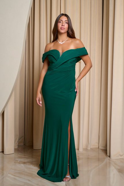 Φόρεμα maxi off shoulder με σούρες και πλαϊνό σκίσιμο κυπαρισσί