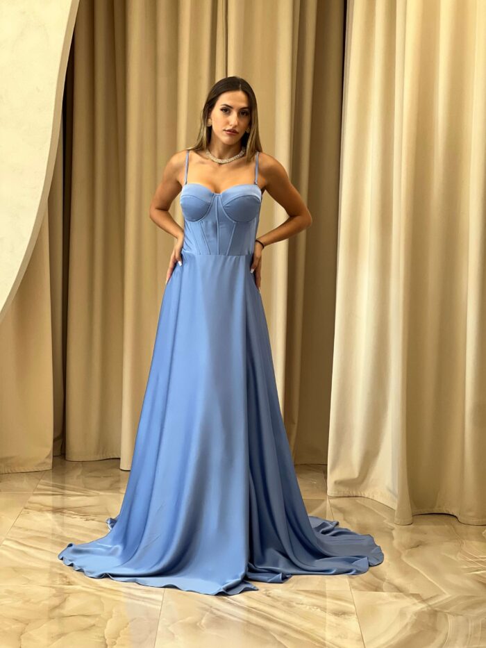 Φόρεμα maxi σατέν στράπλες με σκίσιμο dusty blue