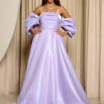 Φόρεμα maxi ταφτάς γυαλιστερός με balloon μανίκια λιλά